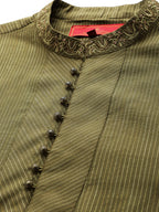 House of Pataudi Men Olive Green Striped Straight Kurta with Embroidered Detail | Grocsy