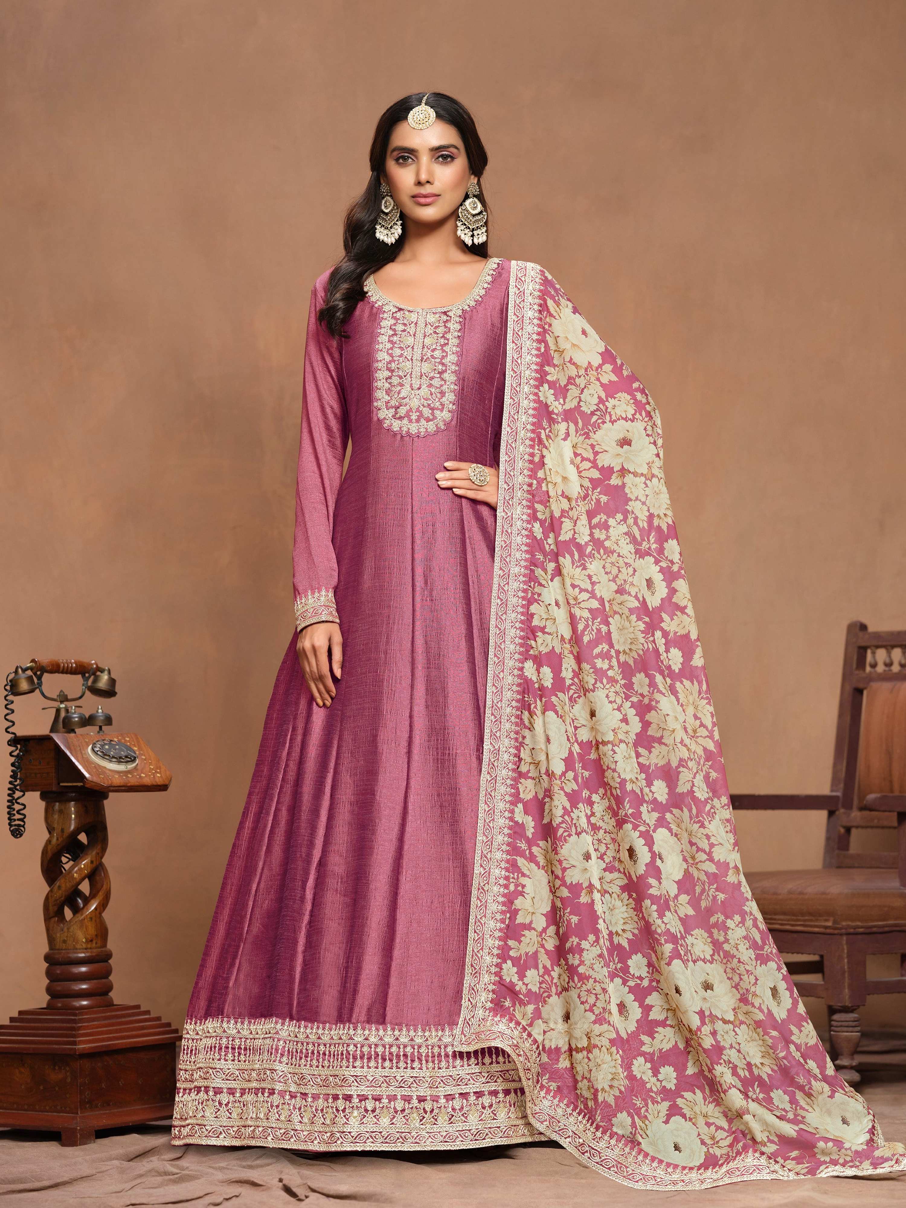 Anaita Pink Embroidered Art Silk Anarkali Suit | Grocsy