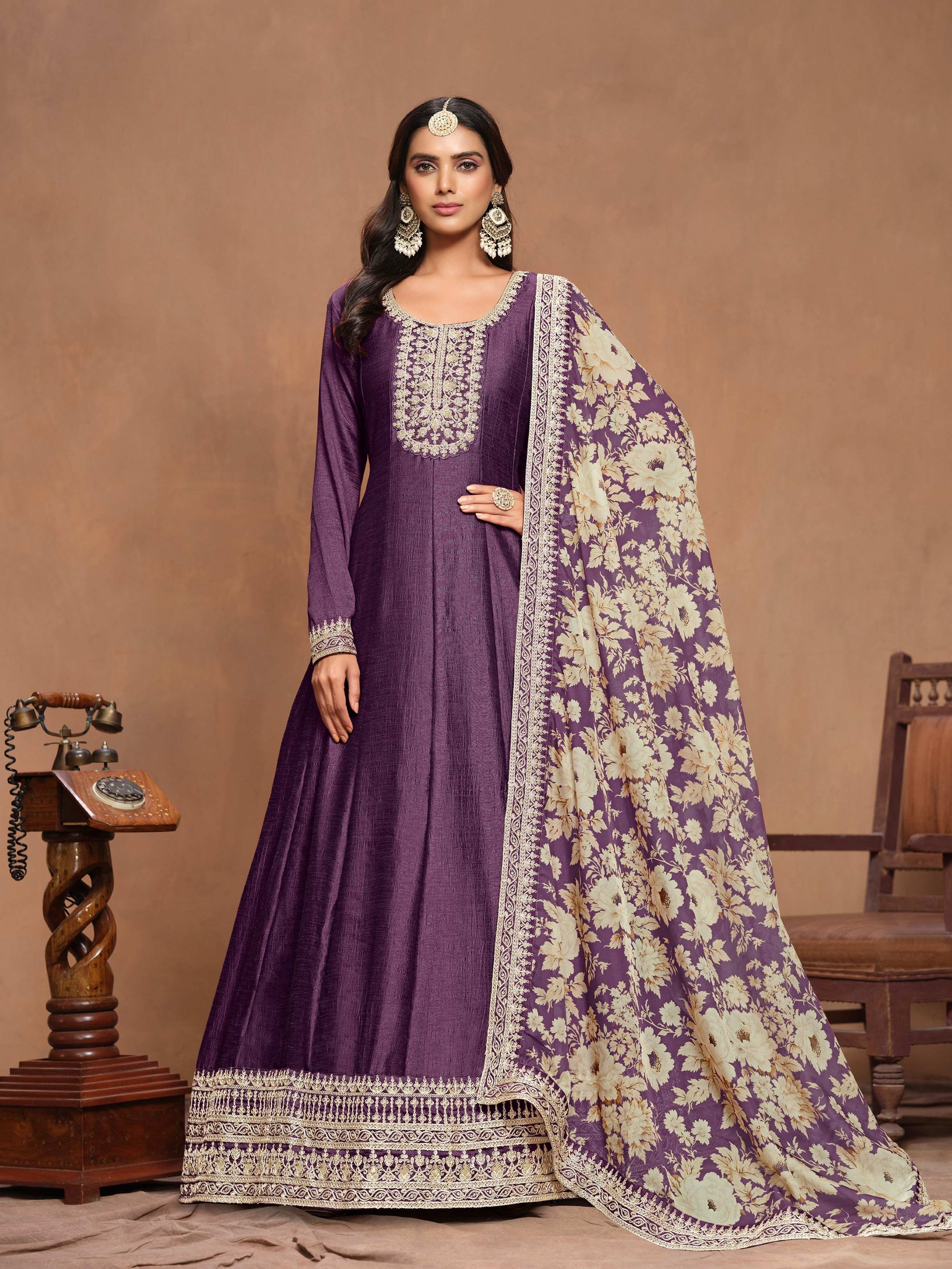 Anaita Purple Embroidered Art Silk Anarkali Suit | Grocsy