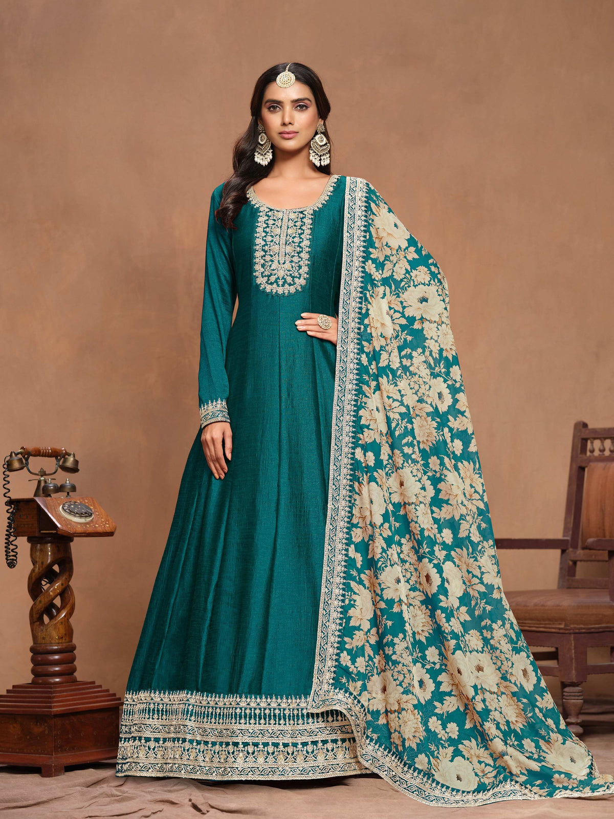 Anaita Teal Green Embroidered Art Silk Anarkali Suit | Grocsy