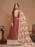 Anaita Coffee Embroidered Art Silk Anarkali Suit | Grocsy