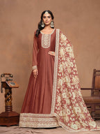 Anaita Coffee Embroidered Art Silk Anarkali Suit | Grocsy