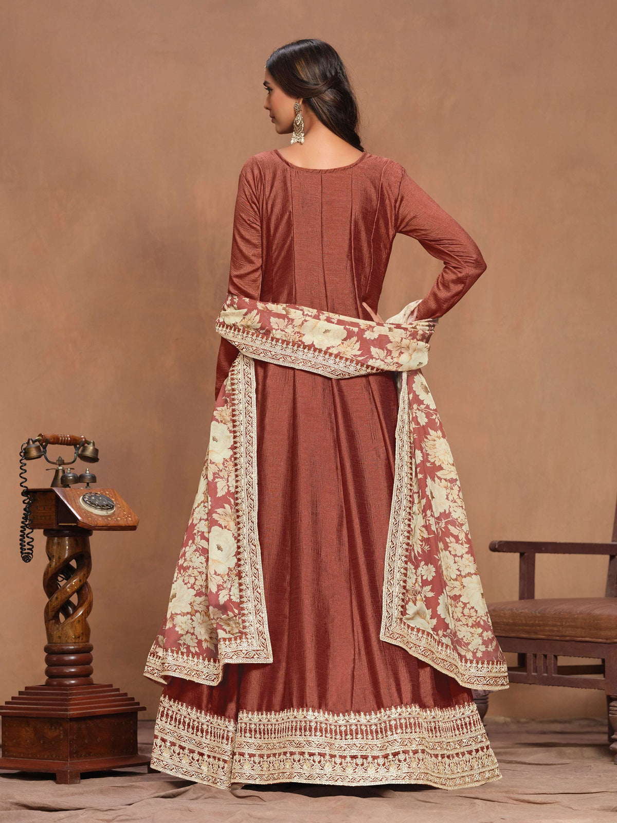 Anaita Coffee Embroidered Art Silk Anarkali Suit | Grocsy