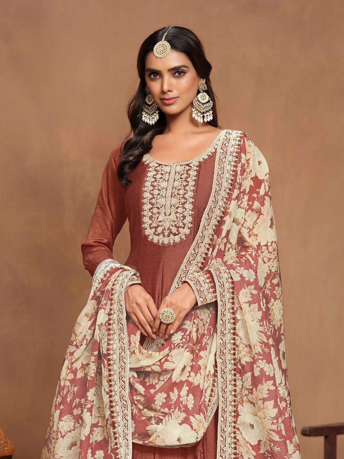 Anaita Coffee Embroidered Art Silk Anarkali Suit | Grocsy