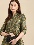 All About You Women Green & Mustard Yellow Ethnic Motifs Print Chanderi Silk Blend Kurta | Grocsy