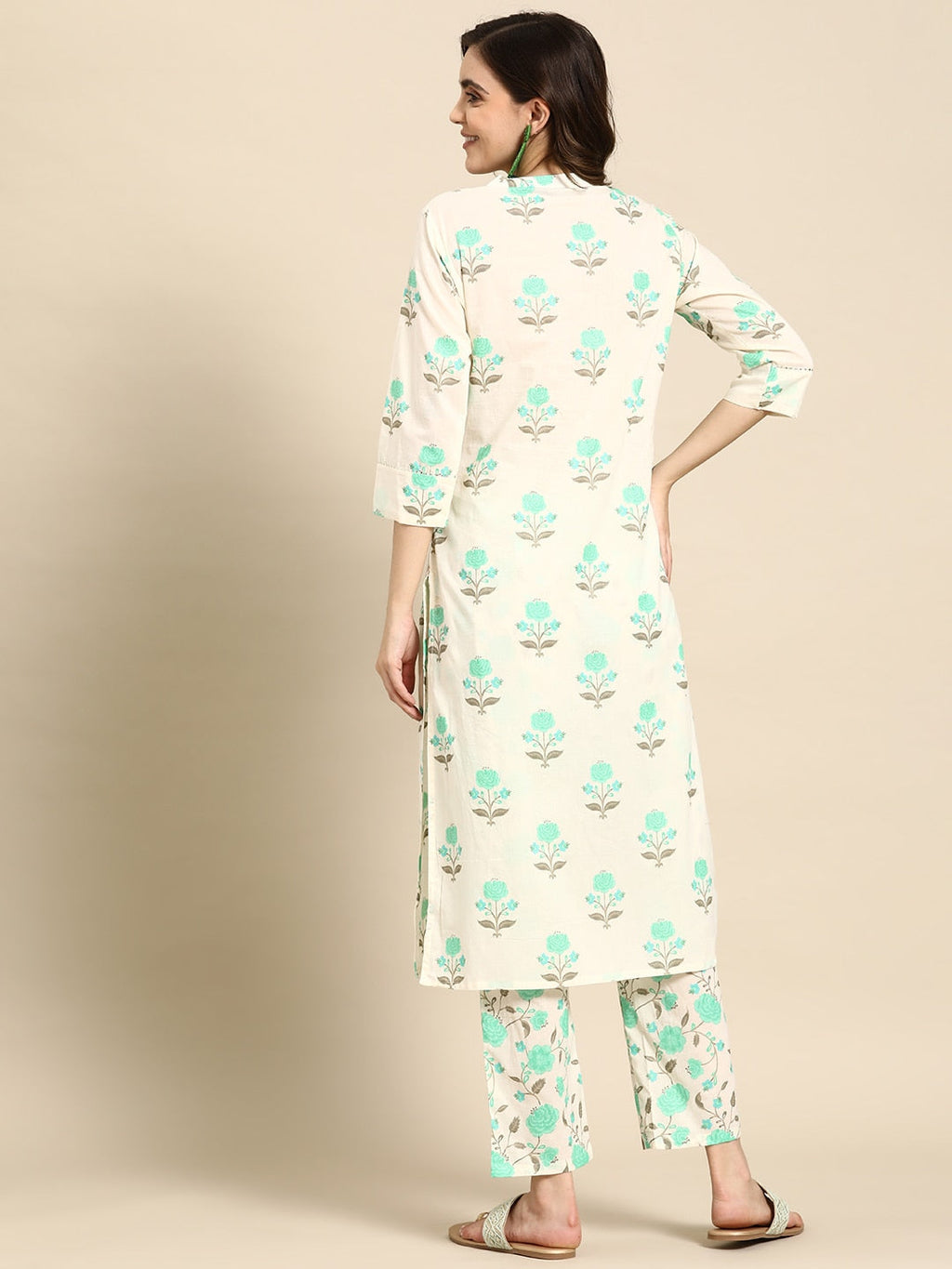 Sangria Floral Printed Angrakha Sequinned Pure Cotton Kurta With Trousers | Grocsy