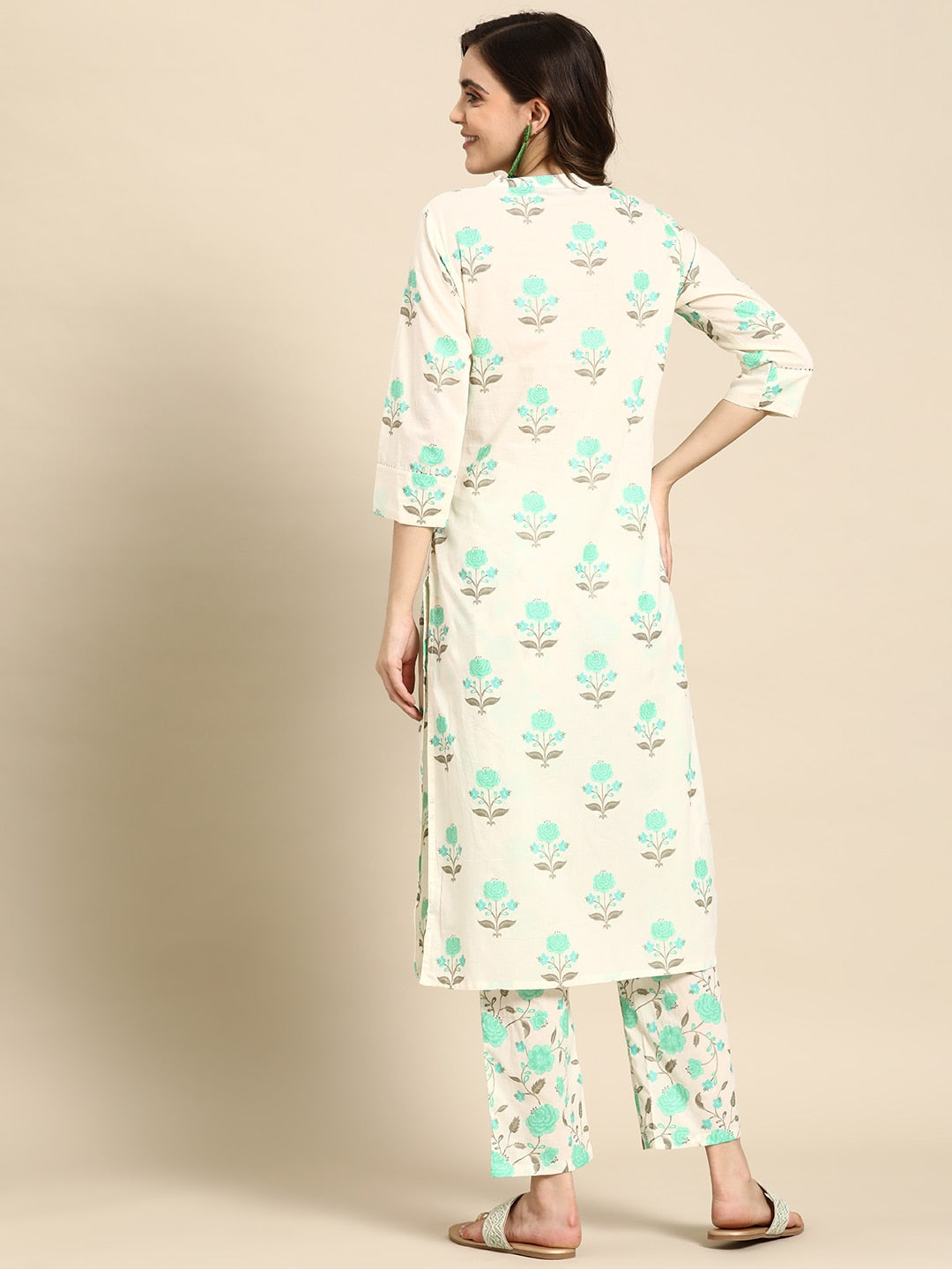 Sangria Floral Printed Angrakha Sequinned Pure Cotton Kurta With Trousers | Grocsy
