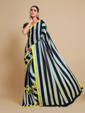 Sangria Navy Blue & Green Striped Satin Saree | Grocsy