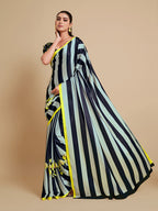 Sangria Navy Blue & Green Striped Satin Saree | Grocsy