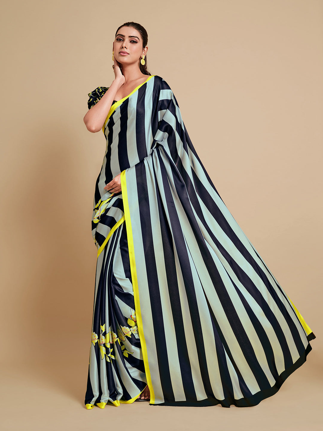 Sangria Navy Blue & Green Striped Satin Saree | Grocsy