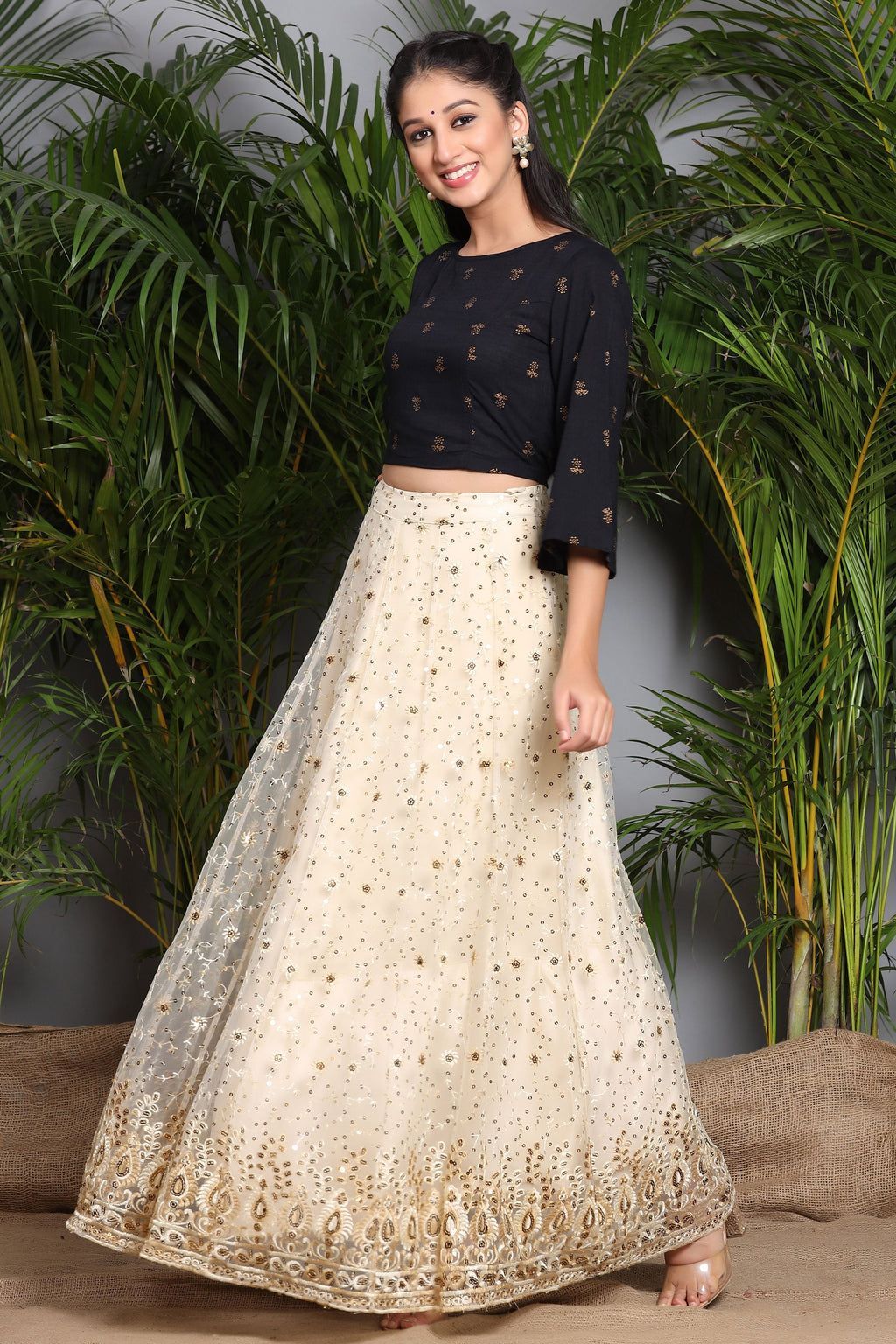 Juniper Ivory Floral Printed Rayon Slub Lehenga Choli Set With Sequins Embellishments | Grocsy