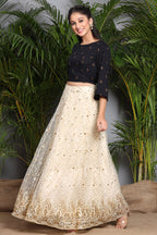 Juniper Ivory Floral Printed Rayon Slub Lehenga Choli Set With Sequins Embellishments | Grocsy