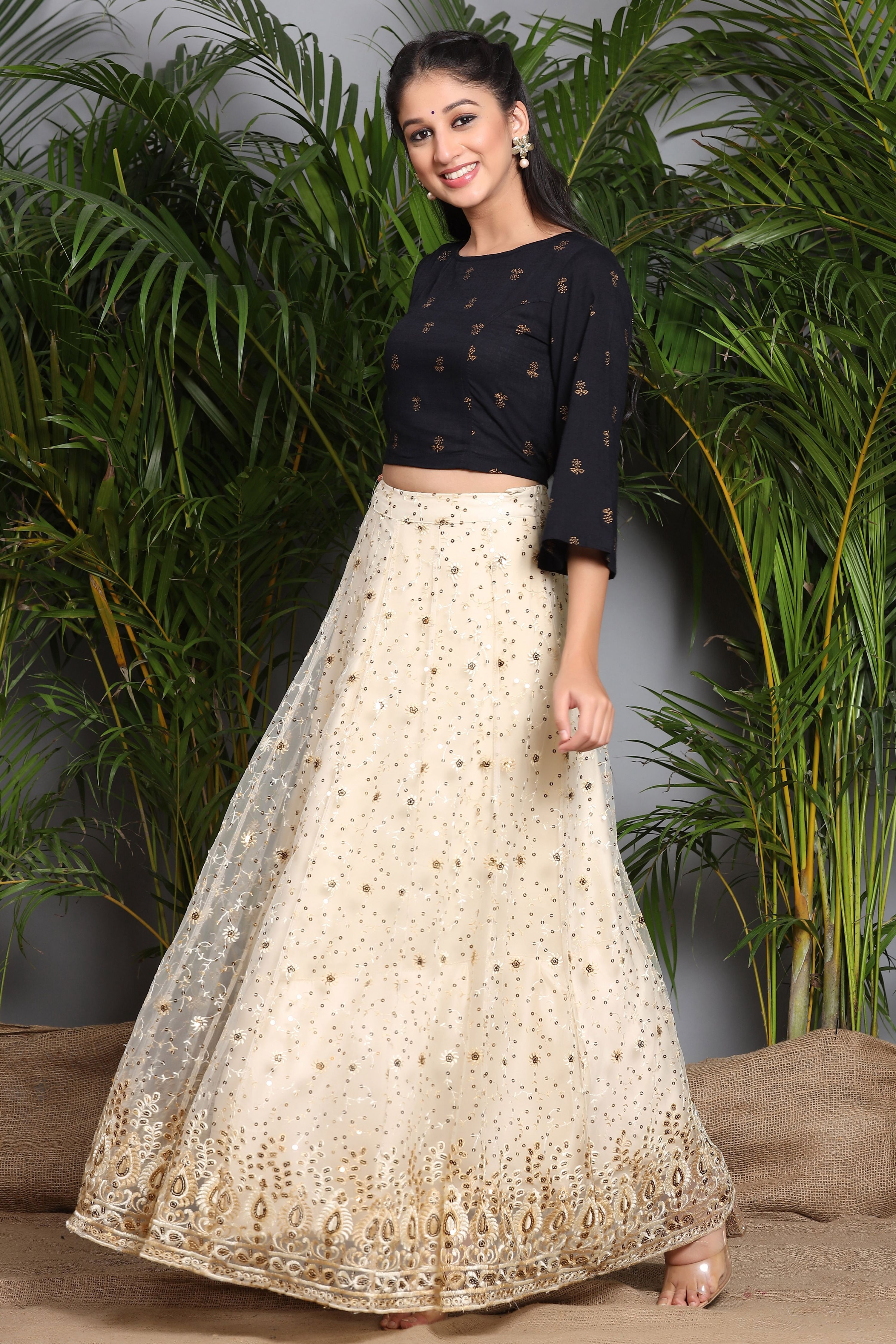 Juniper Ivory Floral Printed Rayon Slub Lehenga Choli Set With Sequins Embellishments | Grocsy
