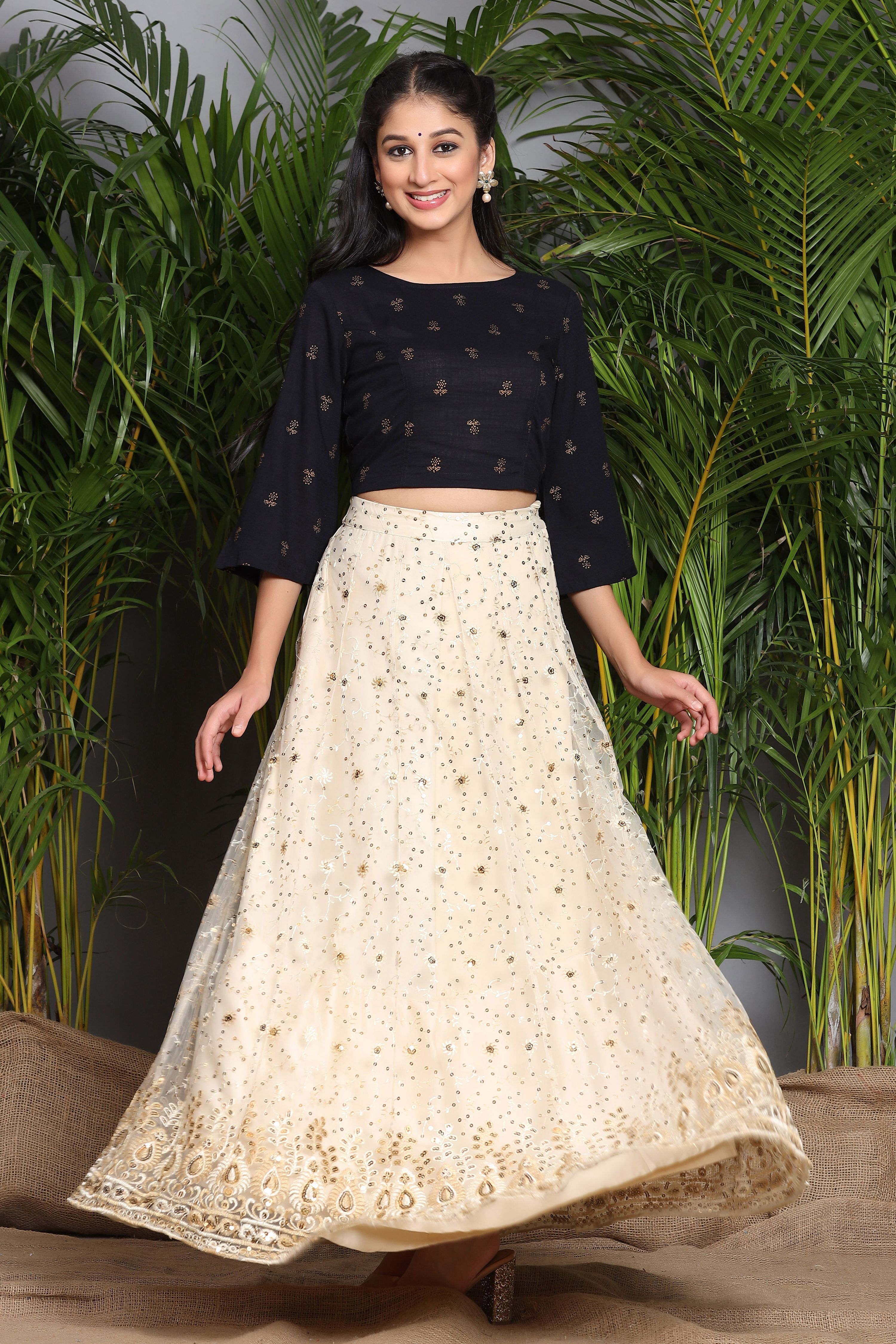 Juniper Ivory Floral Printed Rayon Slub Lehenga Choli Set With Sequins Embellishments | Grocsy