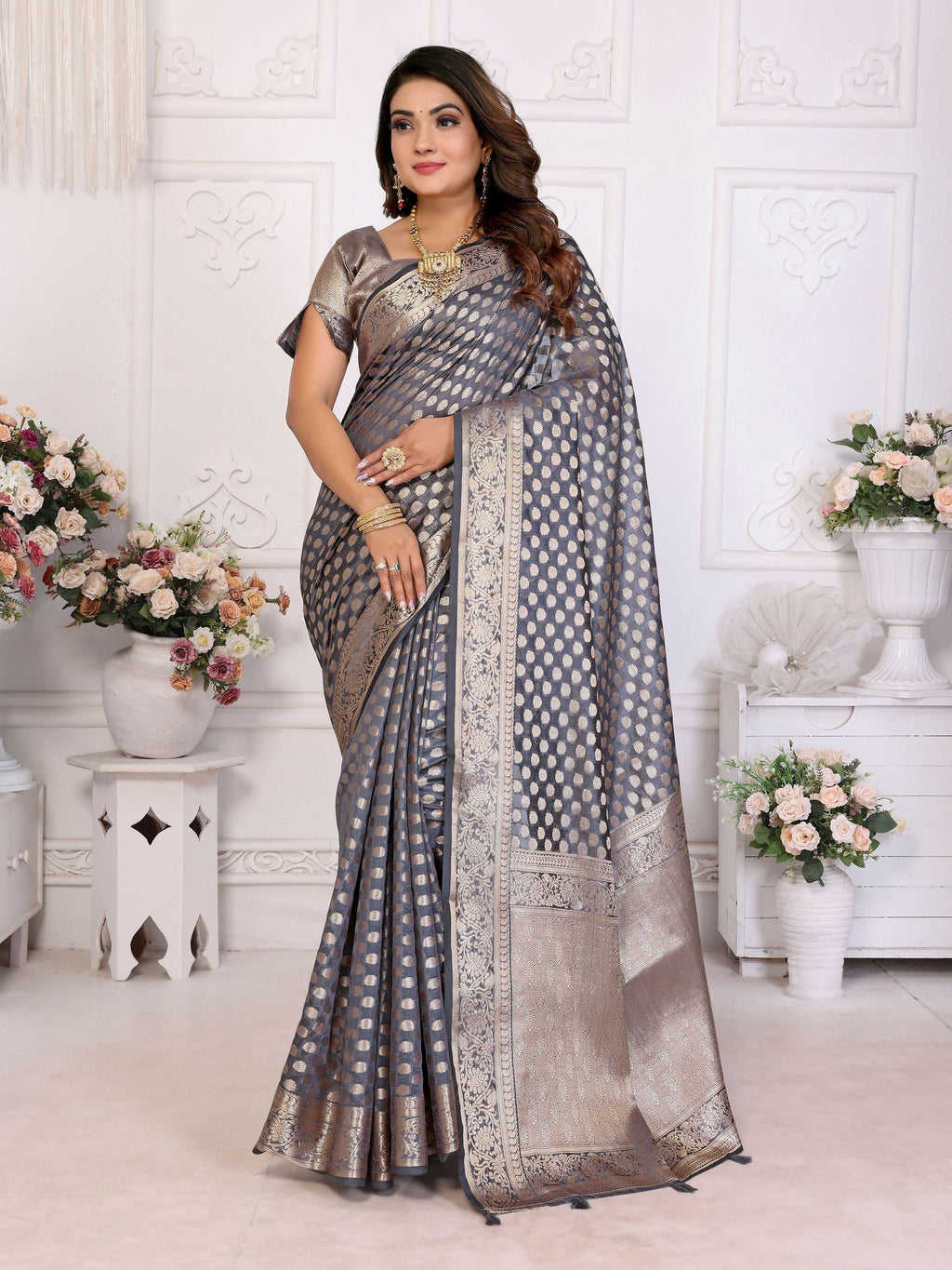 Aastha Fashion Grey Organza Silk Weaving Saree | Grocsy
