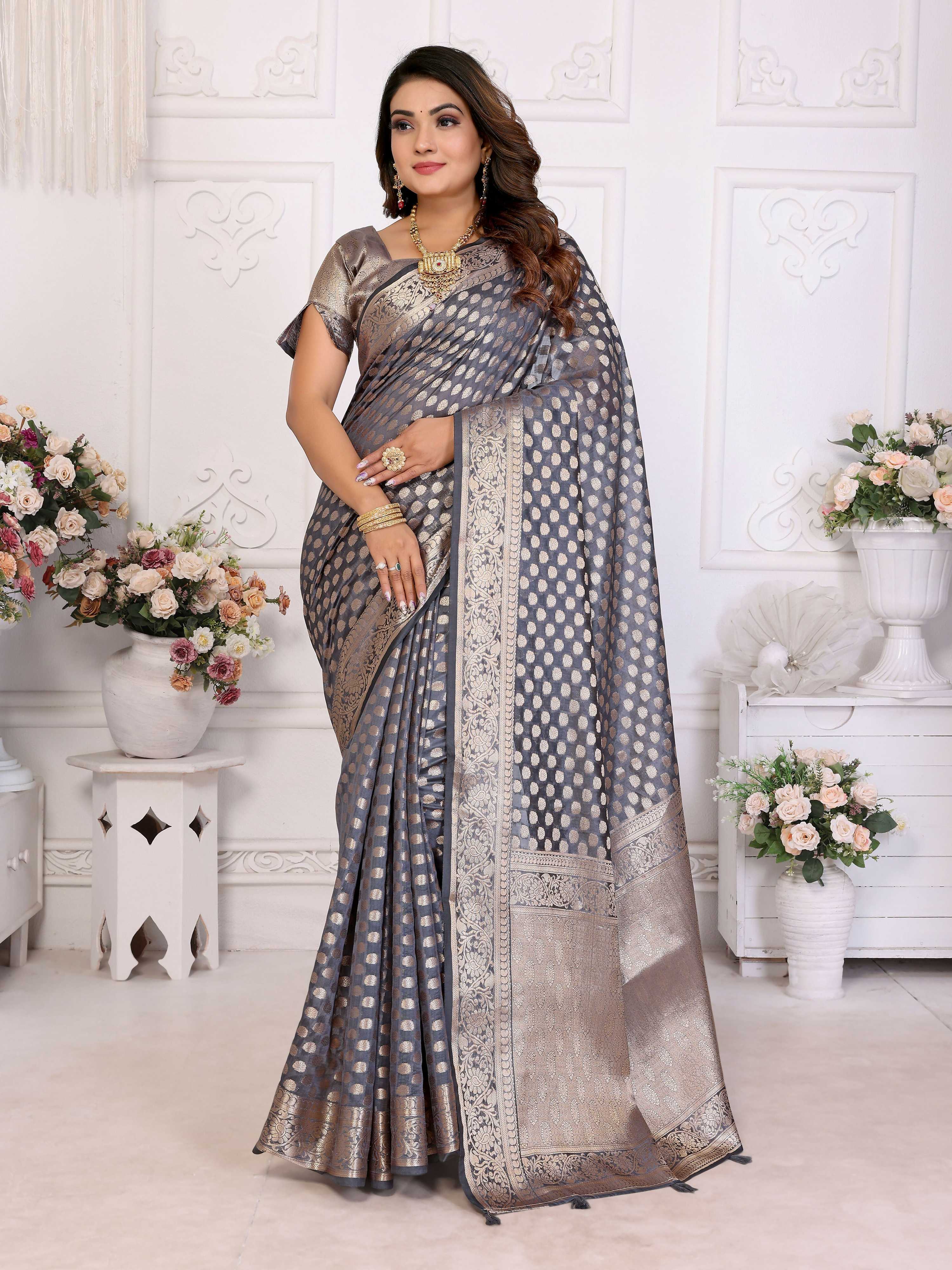 Aastha Fashion Grey Organza Silk Weaving Saree | Grocsy
