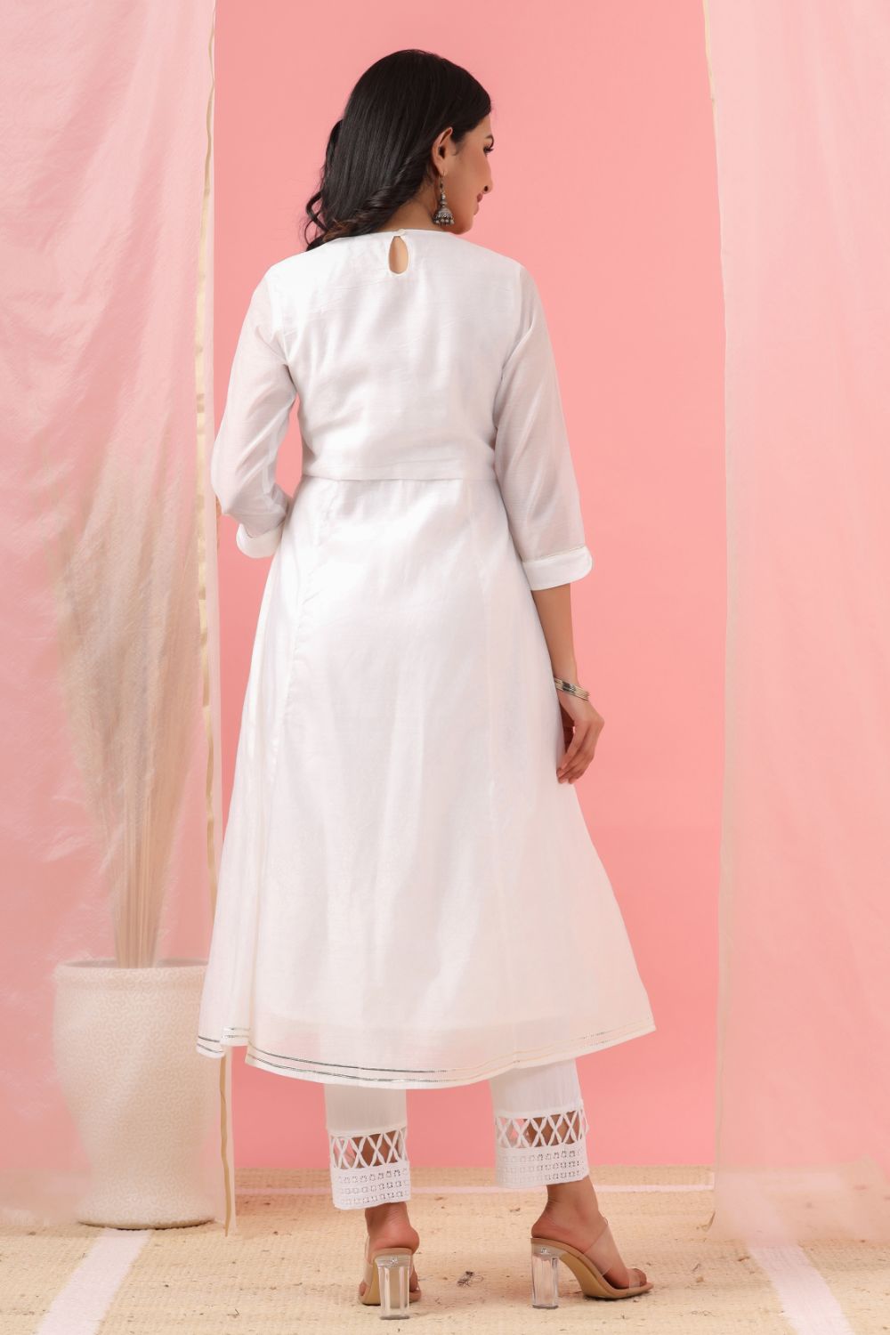 Juniper Womens White Cotton Chanderi Embellished A-Line Kurta | Grocsy