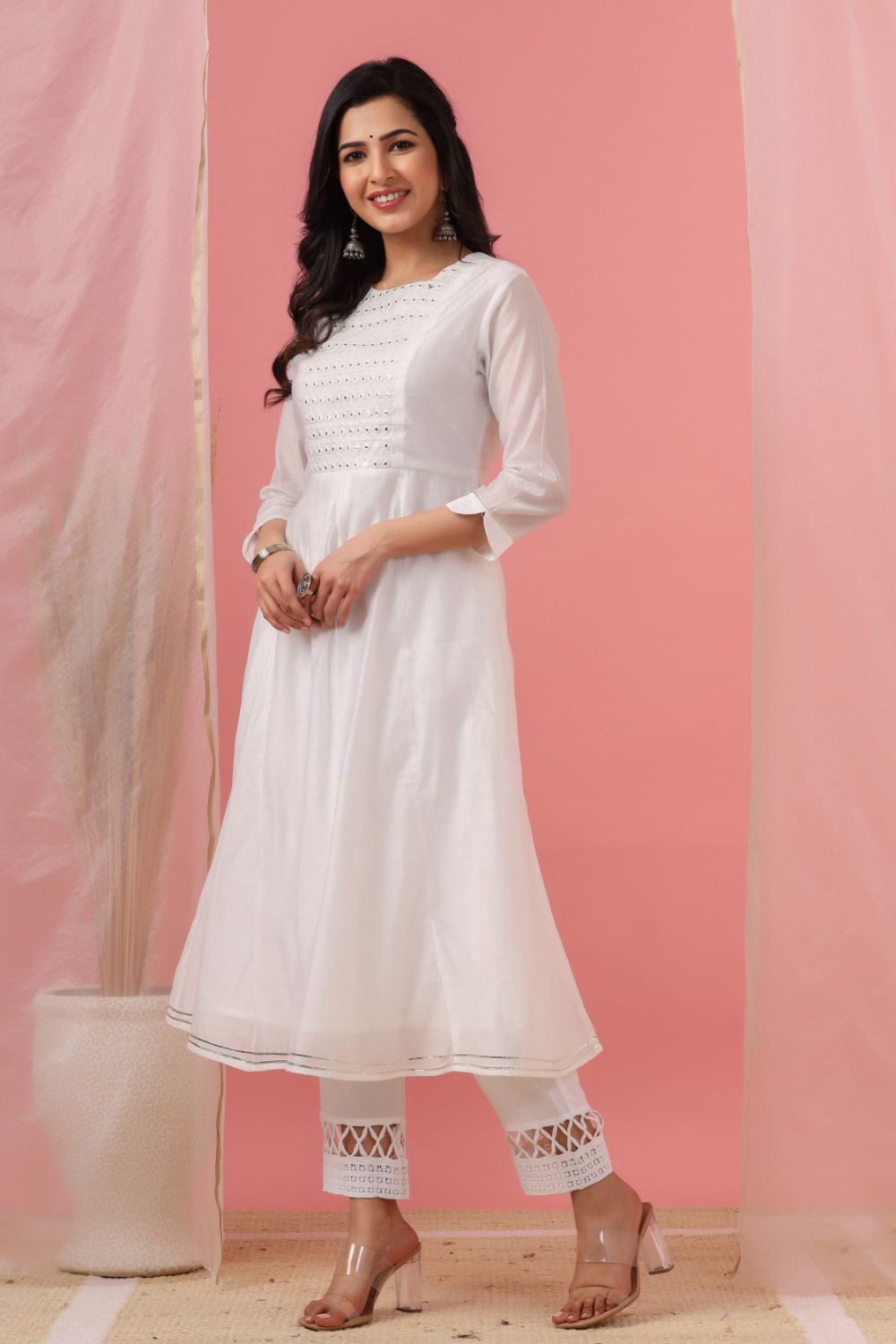 Juniper Womens White Cotton Chanderi Embellished A-Line Kurta | Grocsy