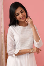 Juniper Womens White Cotton Chanderi Embellished A-Line Kurta | Grocsy