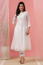 Juniper Womens White Cotton Chanderi Embellished A-Line Kurta | Grocsy