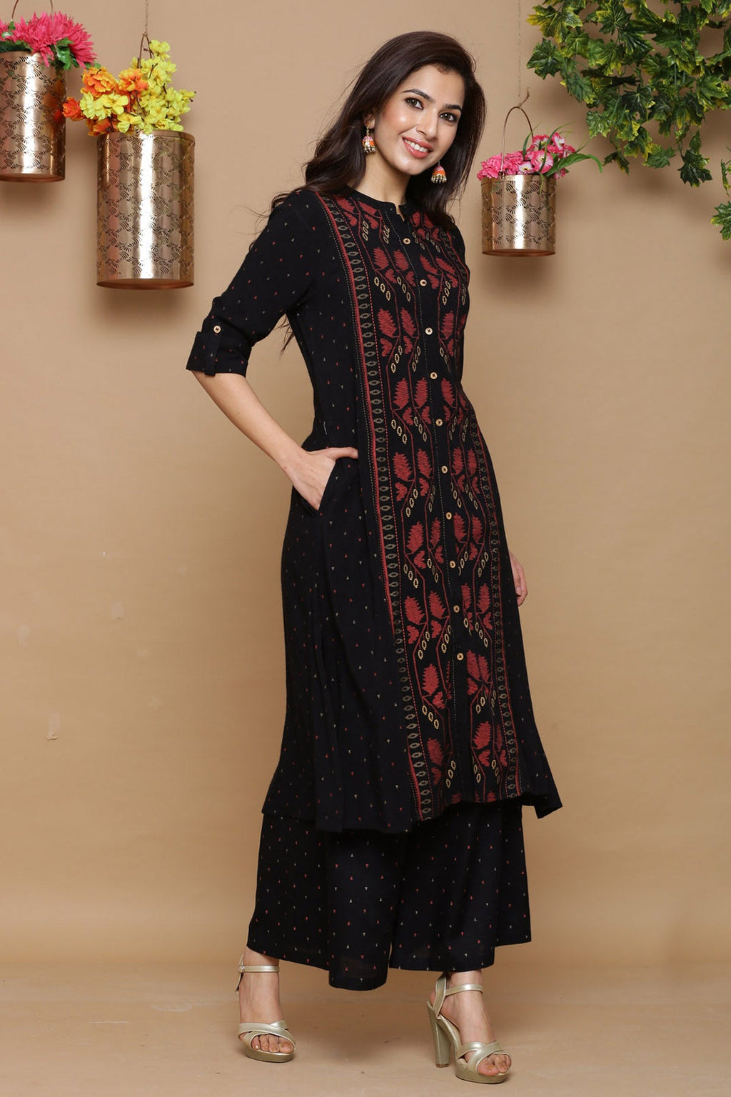 Juniper Womens Black Rayon Slub Printed Kurta | Grocsy