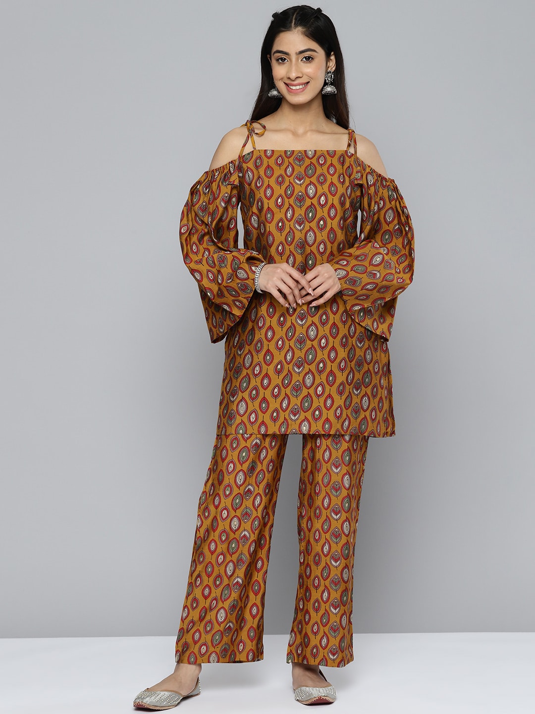 HERE&NOW Women Ethnic Motifs Printed Cold-Shoulder Kurta with Palazzos | Grocsy