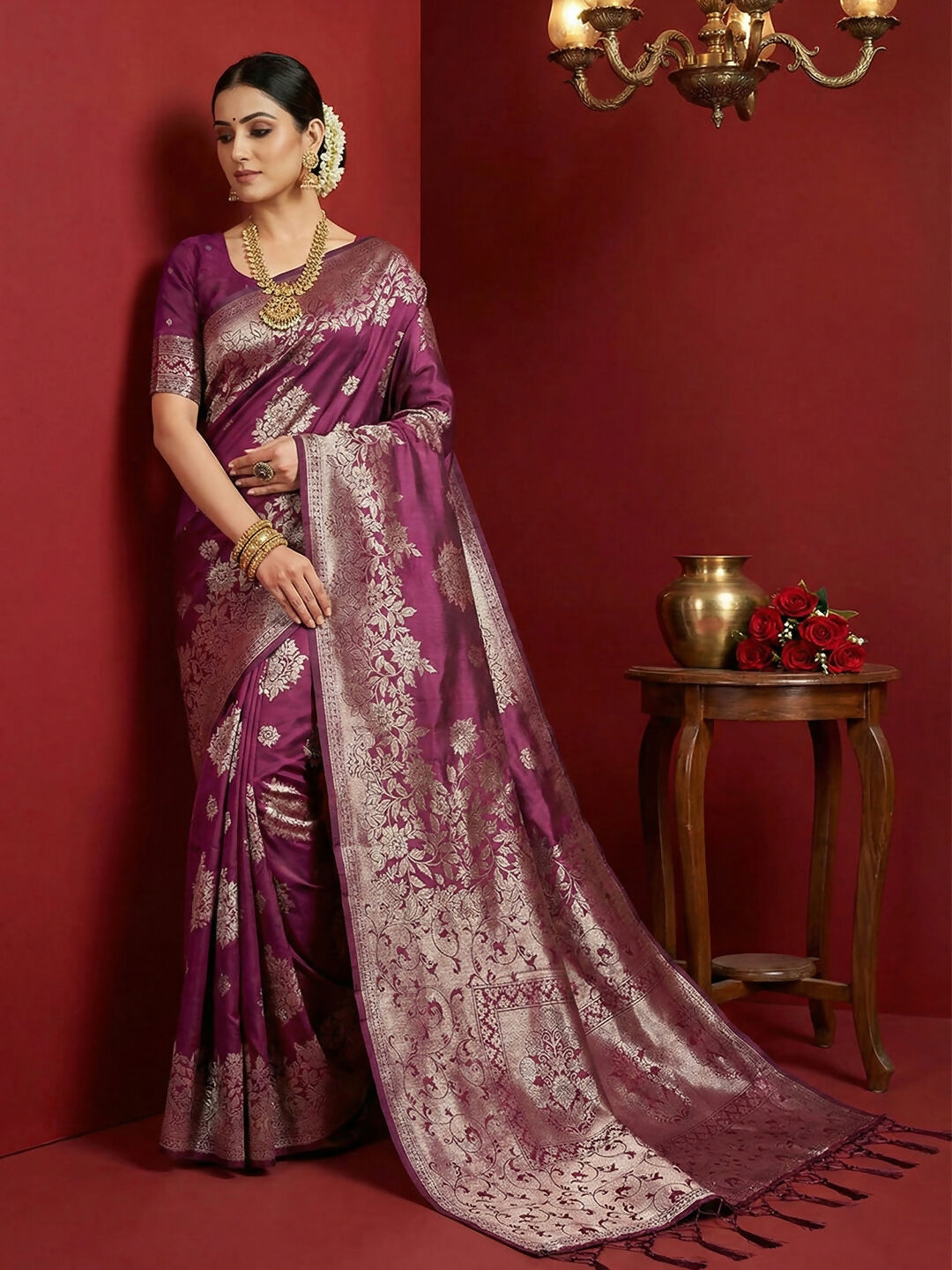 Shree Shyam Fashion Purple Silk Blend Saree | Grocsy