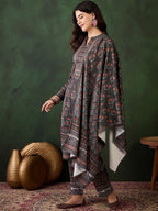 Sangria Self Design Winter Pashmina Straight Kurta & Trouser With Dupatta | Grocsy