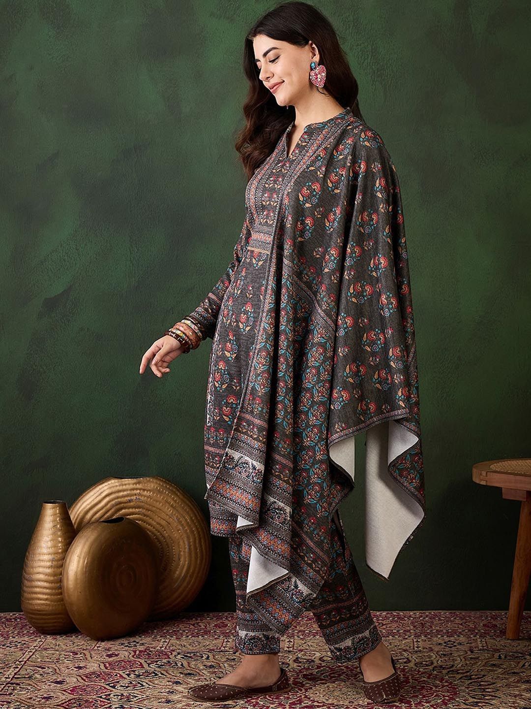 Sangria Self Design Winter Pashmina Straight Kurta & Trouser With Dupatta | Grocsy