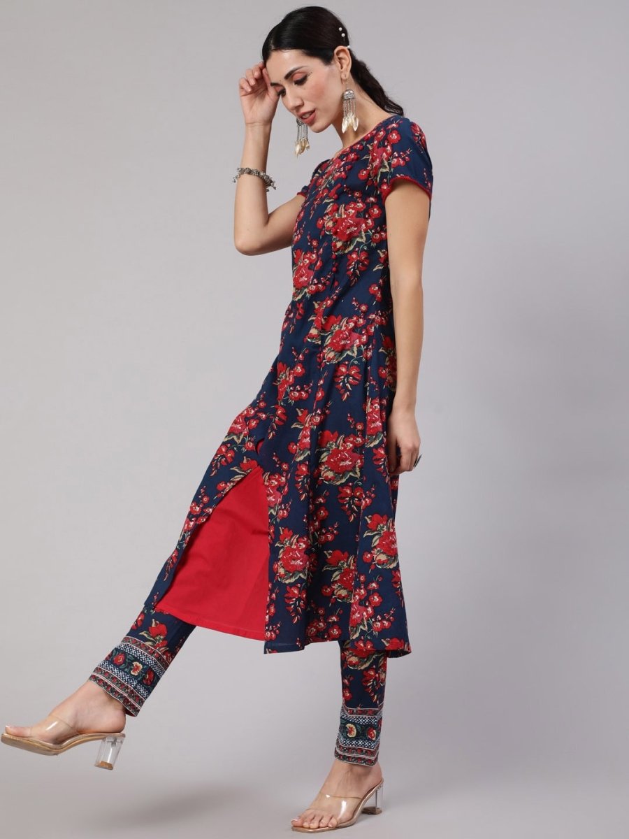 Aks Floral Printed Round Neck A-Line Kurta | Grocsy