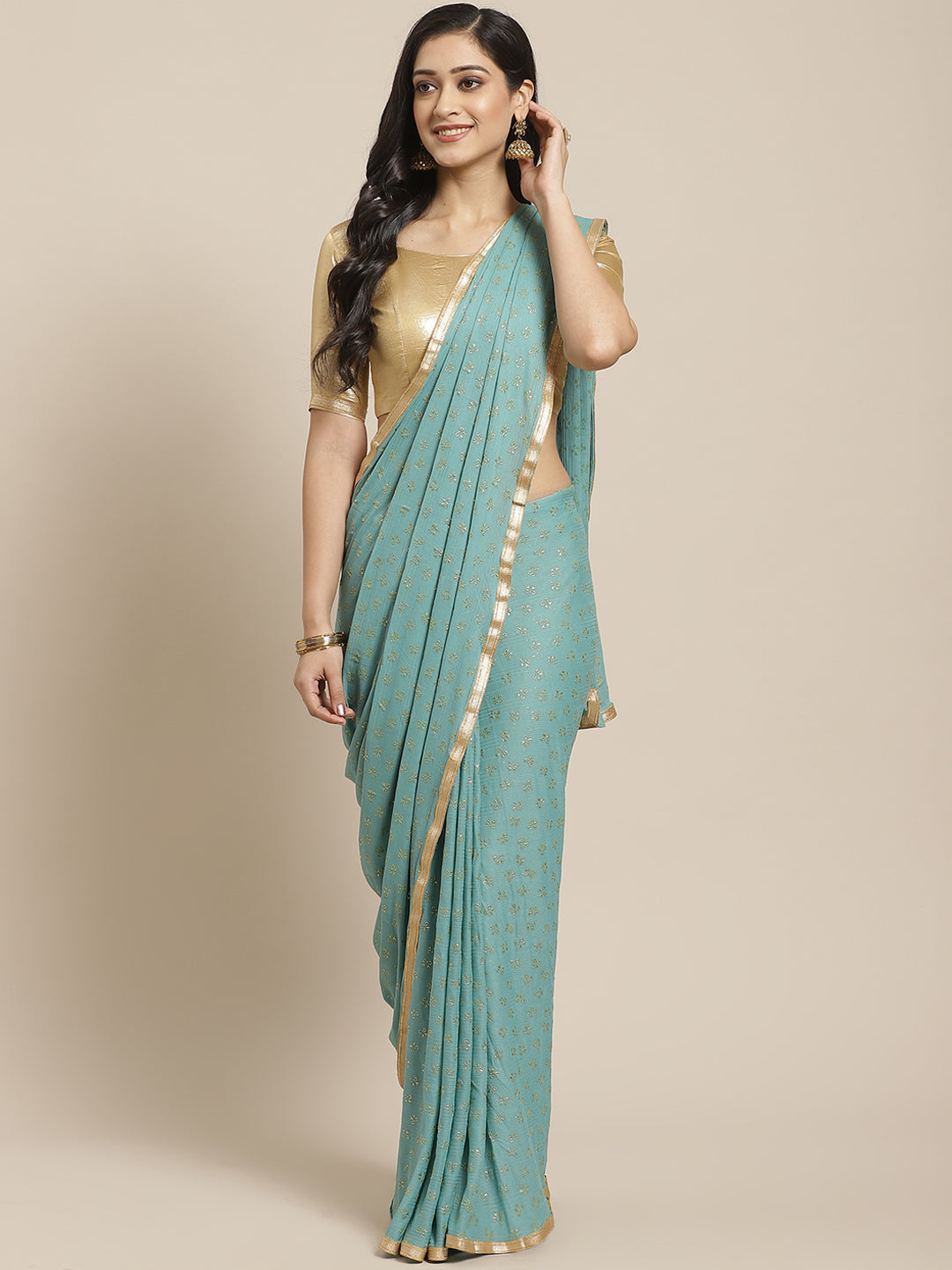 Saree Mall Blue & Golden Quirky Print Saree | Grocsy