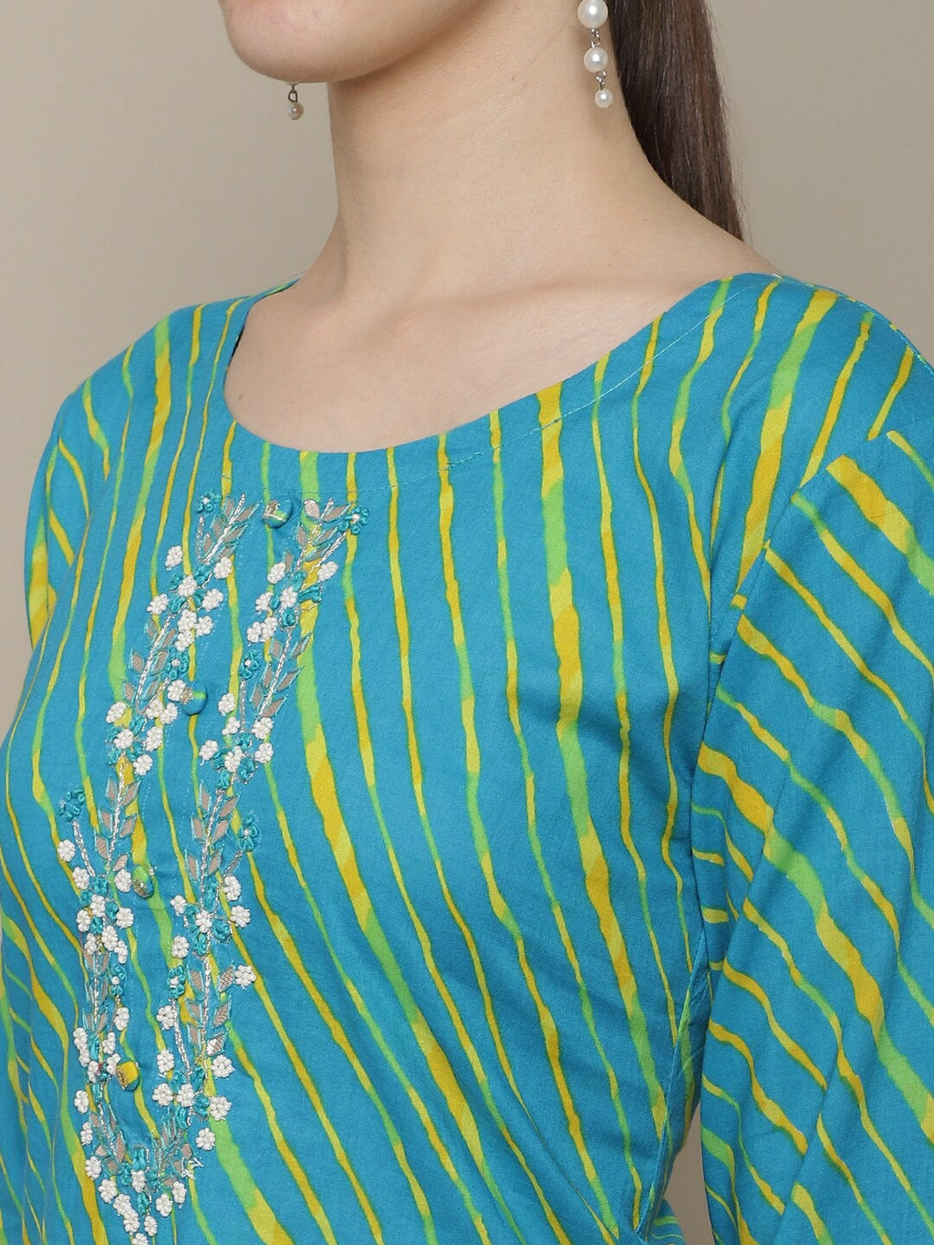 Sangria Women Blue & Yellow Leheriya Dyed Thread Work Kurta | Grocsy
