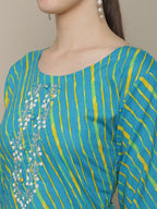 Sangria Women Blue & Yellow Leheriya Dyed Thread Work Kurta | Grocsy