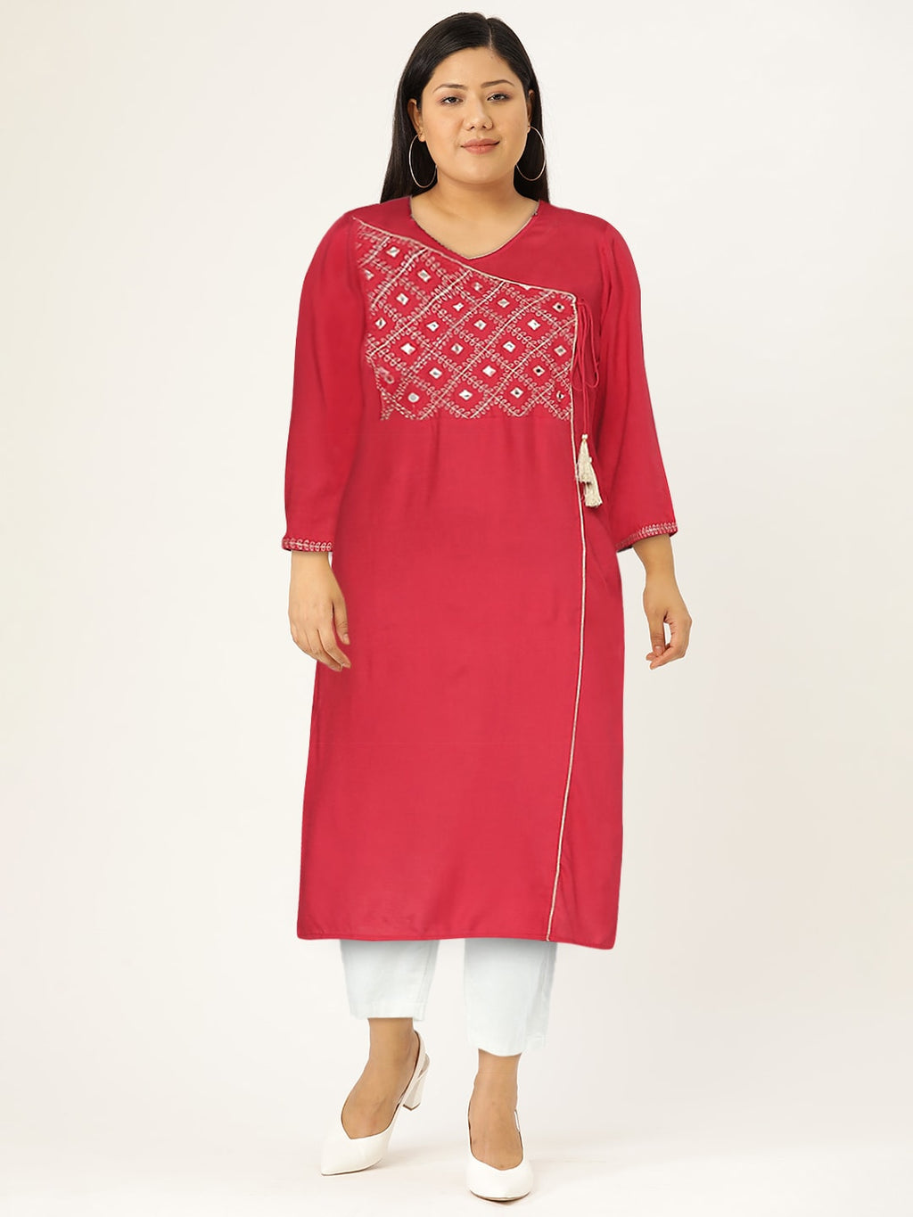 HERE&NOW Women Pure Cotton Ethnic Motifs Mirror Work Angrakha Kurta | Grocsy