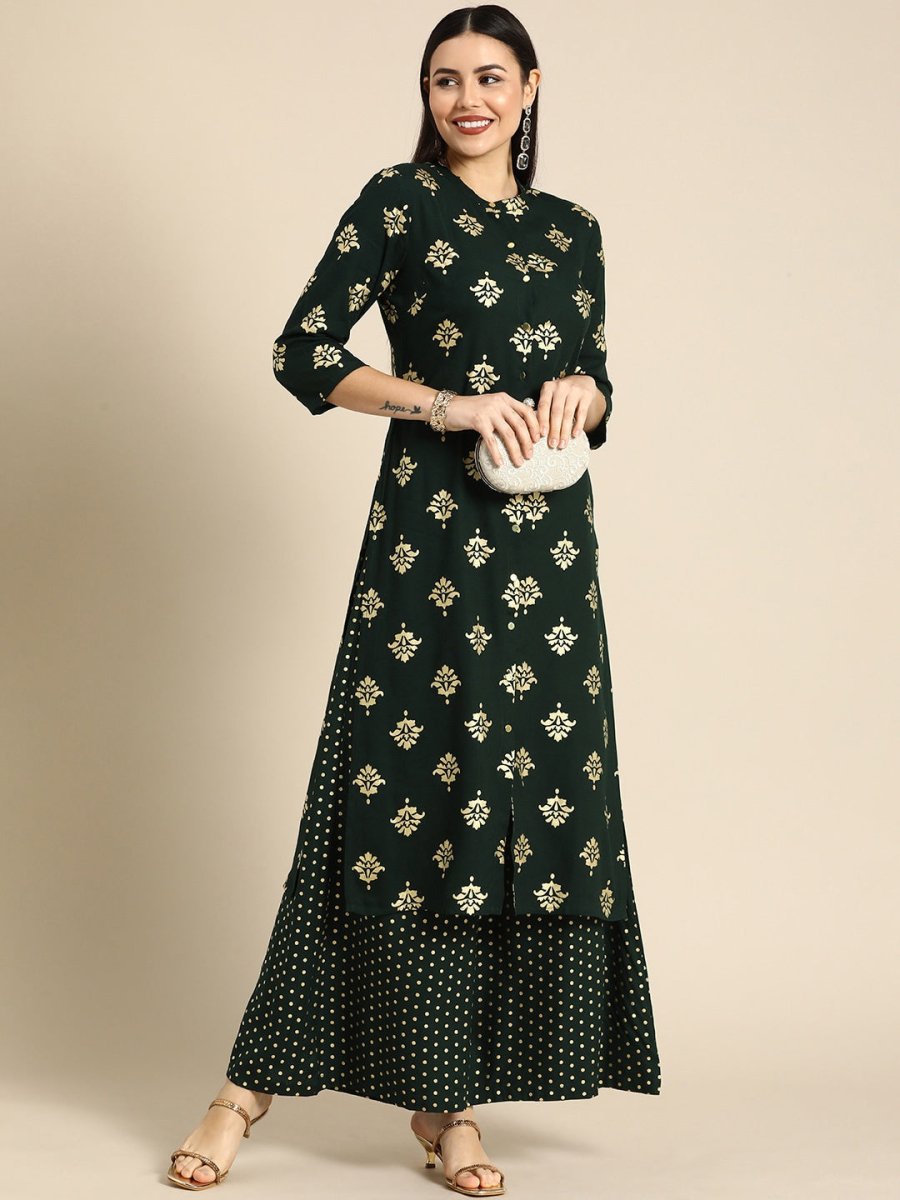 All About You Women Green & Gold-toned Ethnic Motifs Printed Kurta with Palazzos | Grocsy