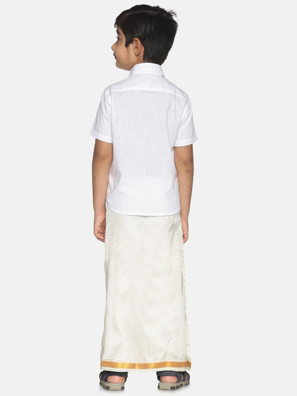 Sethukrishna Boys White & Gold-Toned Pure Cotton Shirt with Dhoti Set | Grocsy