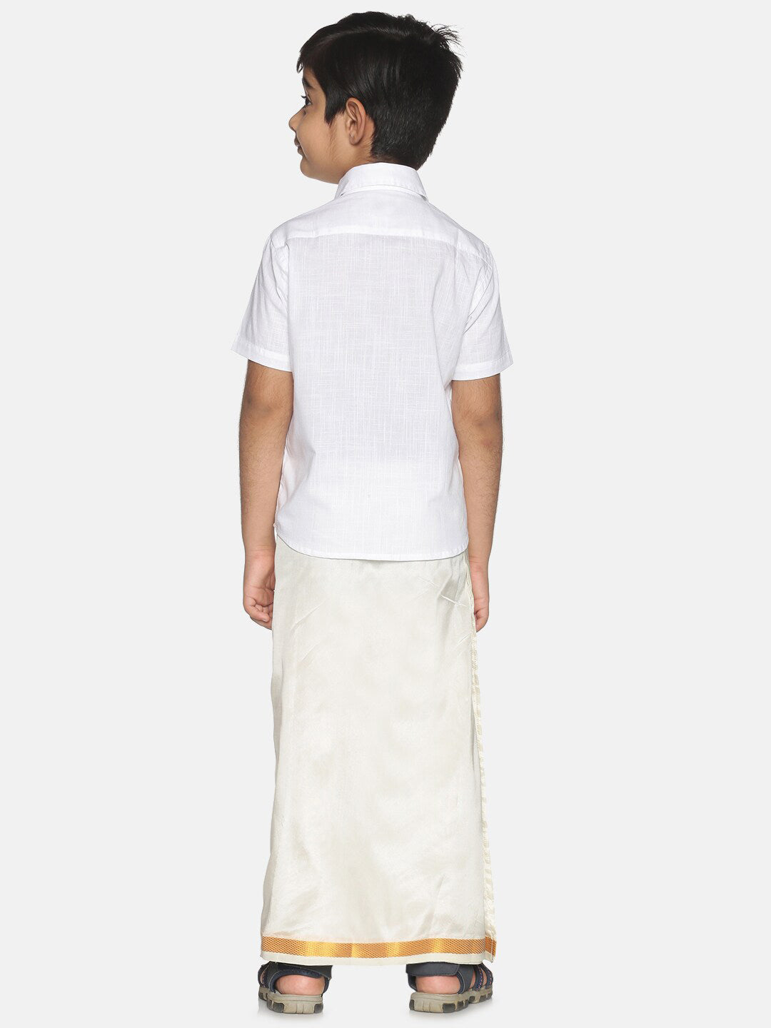 Sethukrishna Boys White & Gold-Toned Pure Cotton Shirt with Dhoti Set | Grocsy