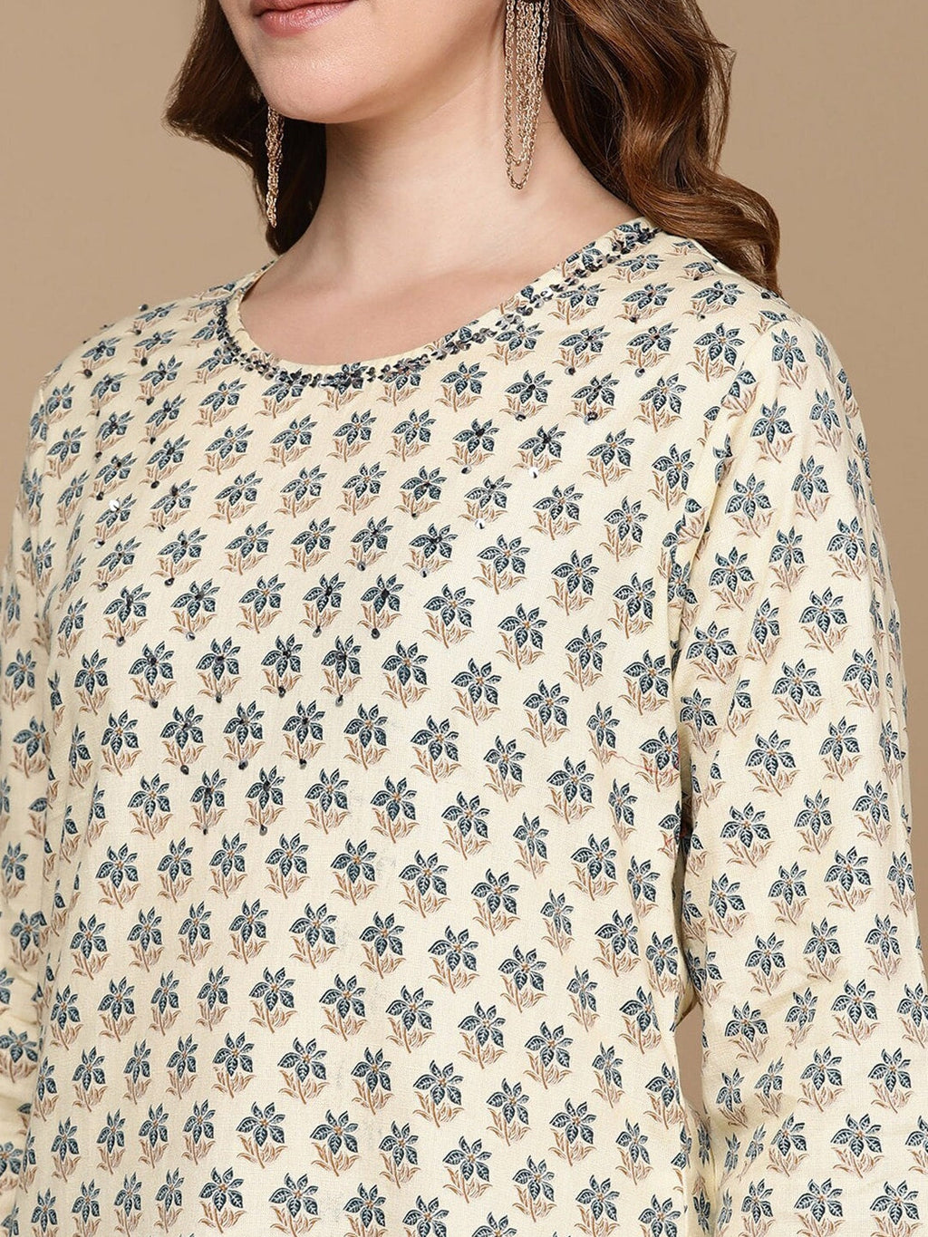 HERE&NOW Cream-Color & Teal Ethnic Motifs Printed Sequined Cotton Kurta | Grocsy