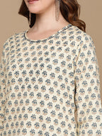 HERE&NOW Cream-Color & Teal Ethnic Motifs Printed Sequined Cotton Kurta | Grocsy