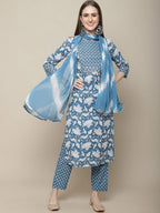 Sangria Women Blue Ethnic Motifs Printed Gotta Patti Pure Cotton Kurta with Trousers & With Dupatta | Grocsy