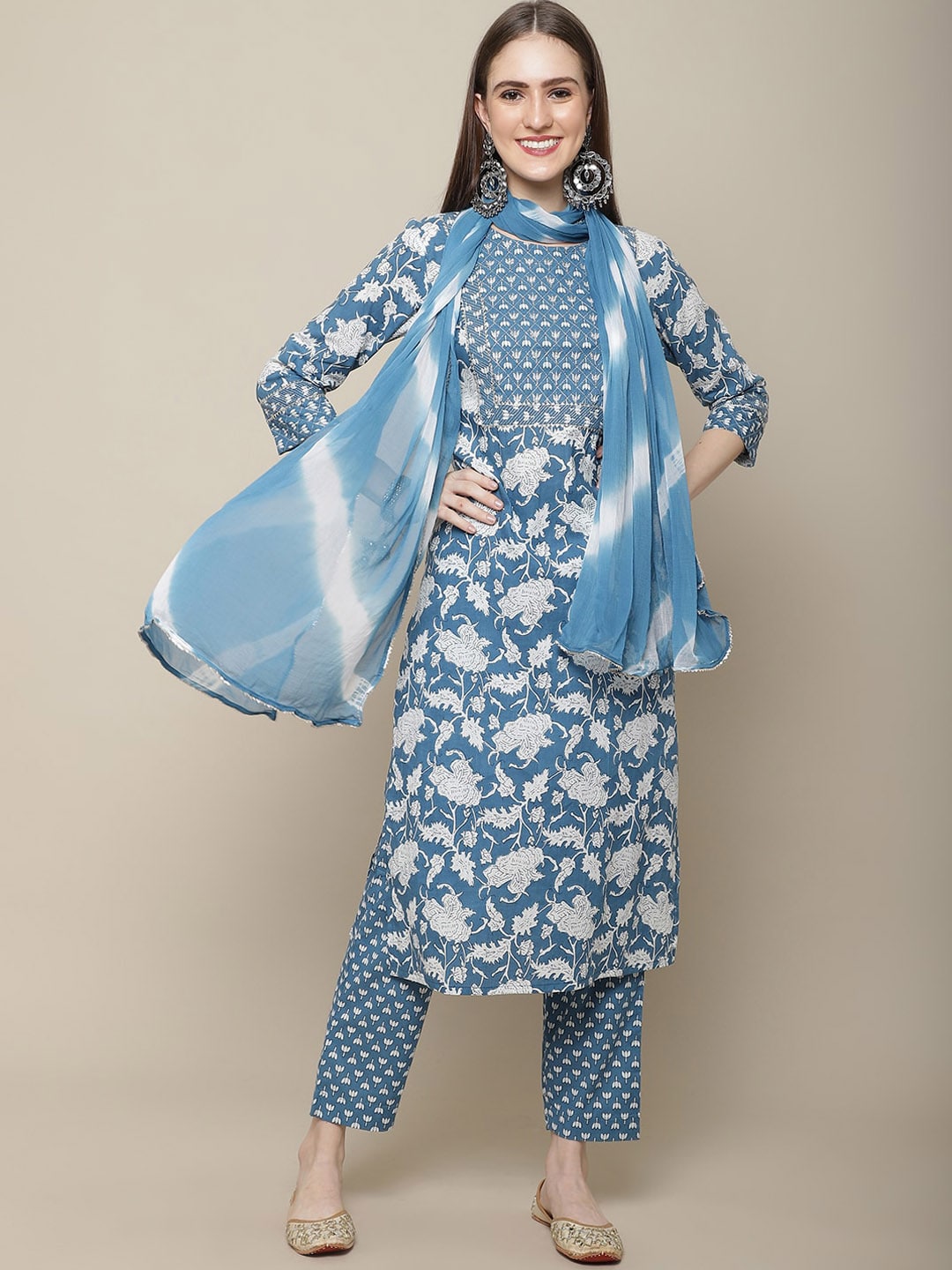 Sangria Women Blue Ethnic Motifs Printed Gotta Patti Pure Cotton Kurta with Trousers & With Dupatta | Grocsy