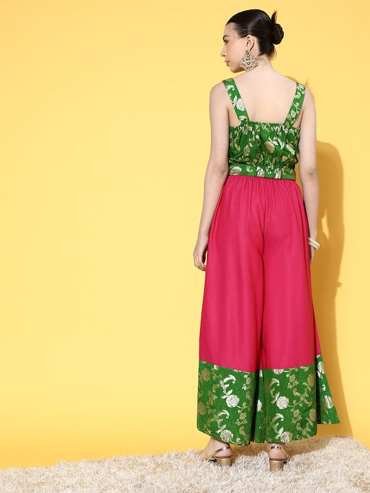 InWeave Women's Green Brocade Strappy Top W Fuchsia Green Brocade Palazzo Set | Grocsy