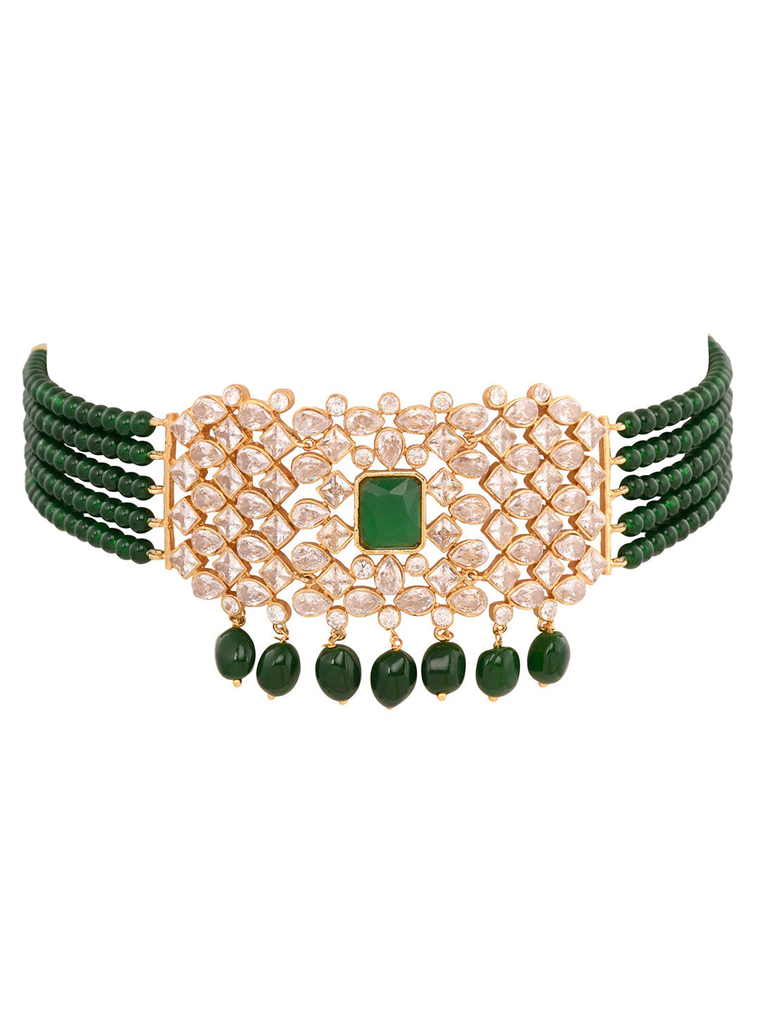 Saraf RS Jewellery Gold-Polished White & Green American Diamond Studded Choker Jewellery Set | Grocsy
