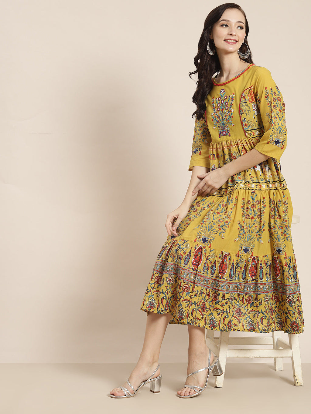 Juniper Women Mustard Cambric Printed Tiered Dress | Grocsy