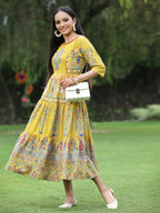 Juniper Women's Mustard Cambric Printed Tiered Dress | Grocsy