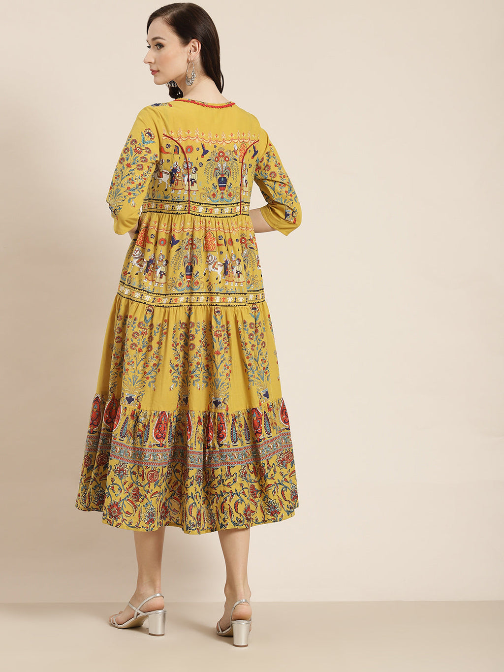 Juniper Women Mustard Cambric Printed Tiered Dress | Grocsy