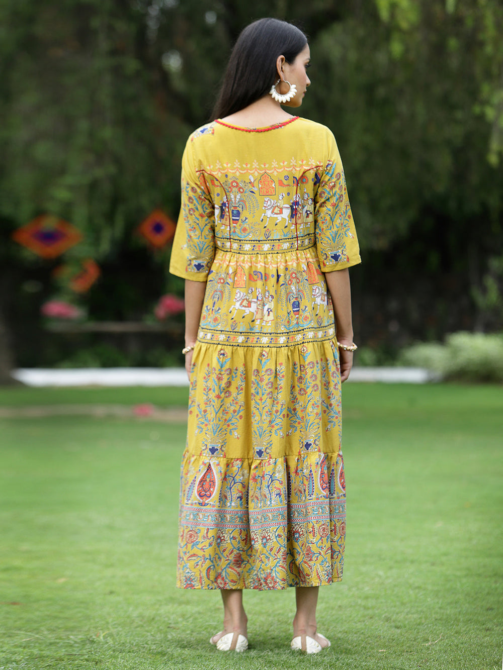 Juniper Women's Mustard Cambric Printed Tiered Dress | Grocsy