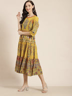 Juniper Women Mustard Cambric Printed Tiered Dress | Grocsy