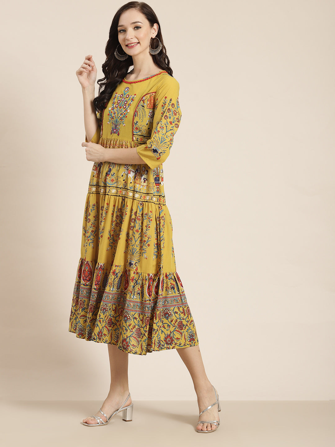 Juniper Women Mustard Cambric Printed Tiered Dress | Grocsy