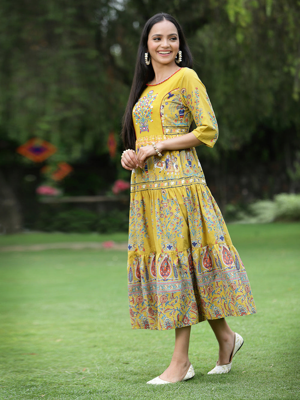 Juniper Women's Mustard Cambric Printed Tiered Dress | Grocsy